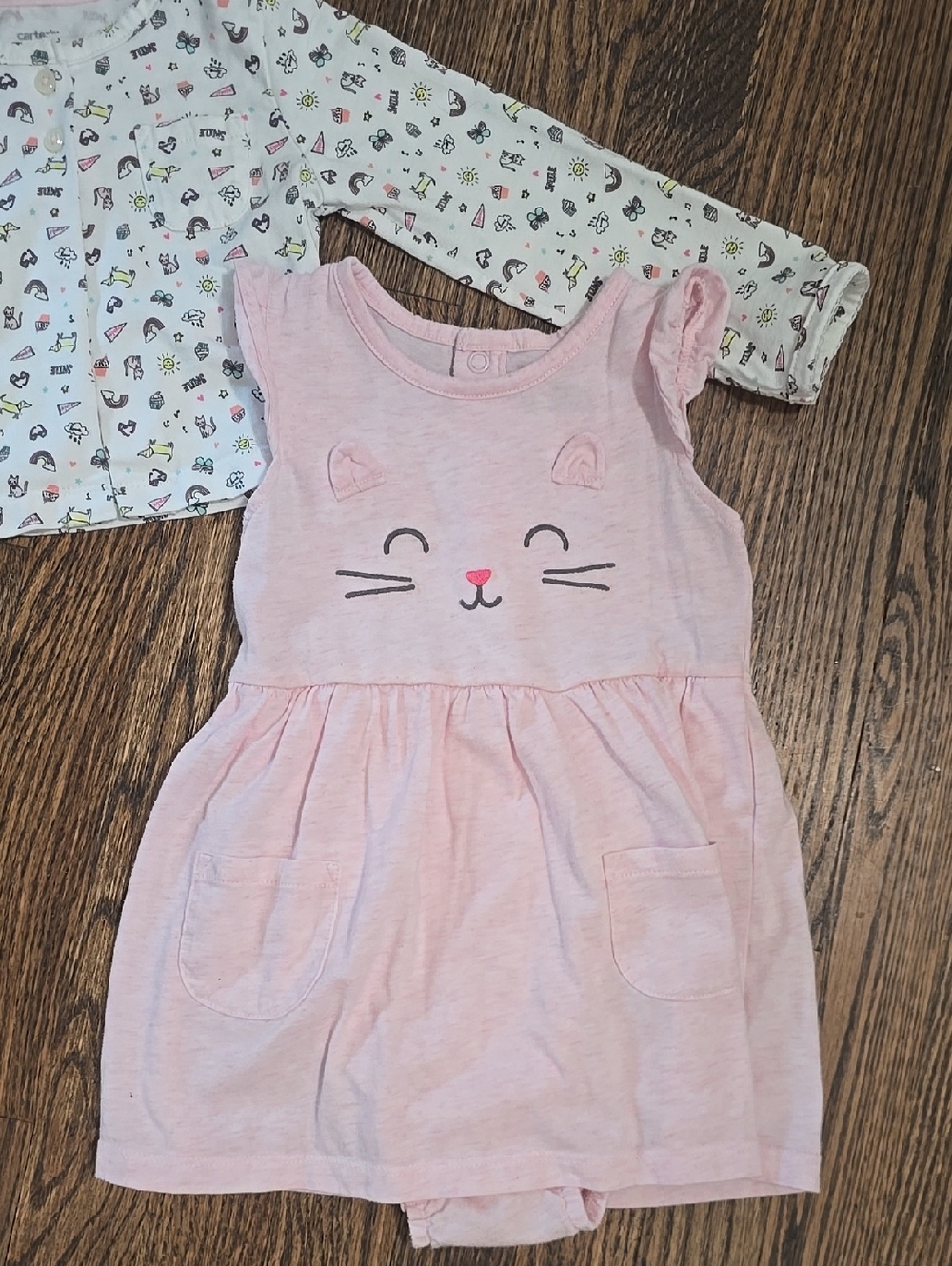 🌟7/25$ Carter's Light Pink Cat Onesie with Playful Rainbow Print Cardigan